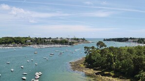 Marina com vários barcos atracados, rodeada por vegetação exuberante e um céu claro.
