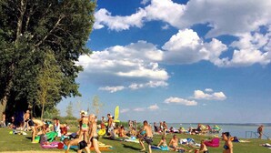 Een strand met mensen die zonnebaden en zwemmen, een grasveld met parasols, en een heldere lucht.