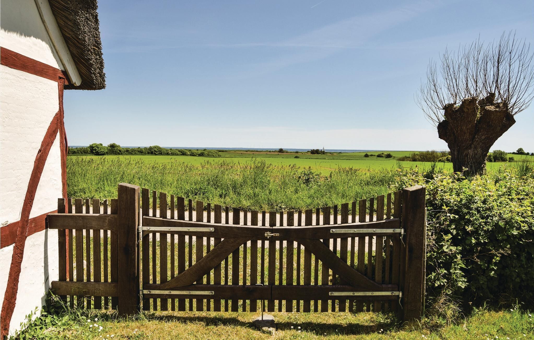 A wooden gate with a metal latch, a white building with red accents, and a field with a tree in the background.