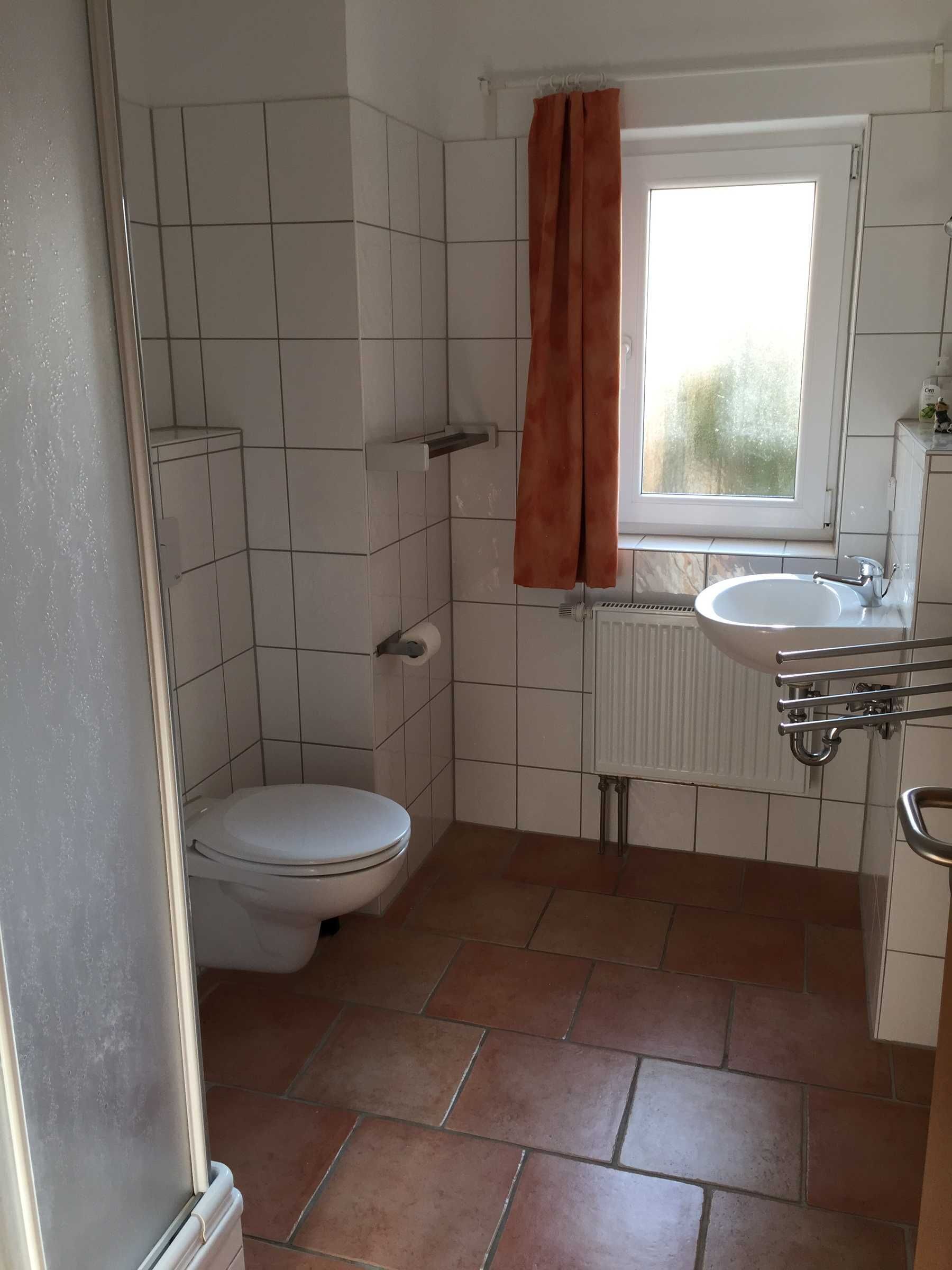 Un baño pequeño con inodoro, ducha y lavamanos.