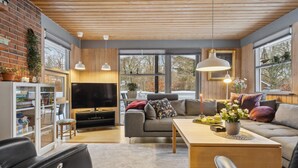 Un salon moderne avec un téléviseur, des canapés, une table en bois et une bibliothèque.