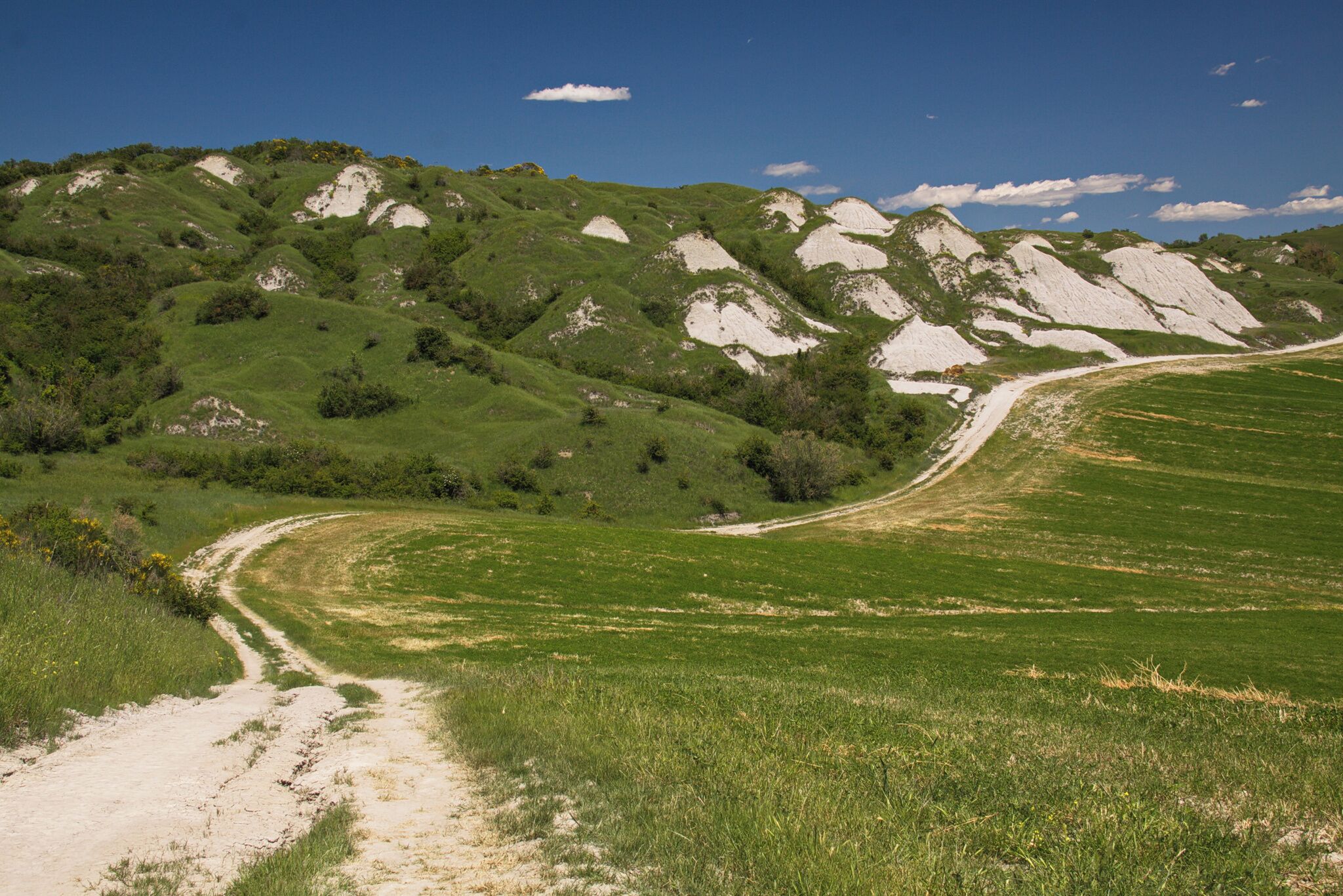 A winding dirt path through a grassy landscape with rolling hills and sparse vegetation.