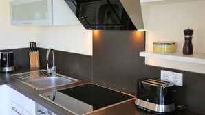 Eine moderne Küche mit Spüle aus Edelstahl, integriertem Kochfeld und Toaster.