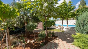 Jardí amb diverses plantes i un camí de maó.