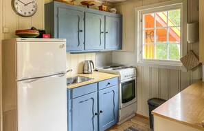 Frigorífico, placa de cocina, cafetera o tetera y utensilios de cocina