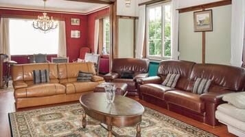 Een open haard, een dvd-speler, een tafeltennistafel en een stereo