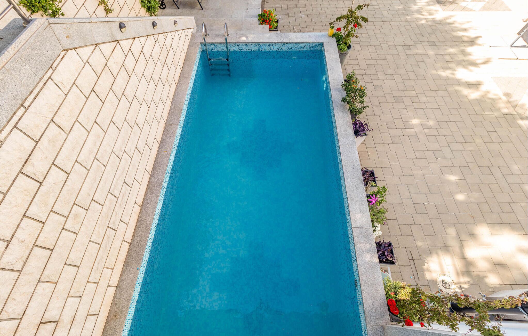Una piscina rectangular con borde de azulejos, rodeada por un sendero pavimentado y plantas en macetas.