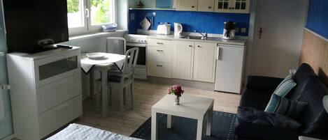 A compact room with a bed, a TV, a dining table with chairs, a kitchen area with cabinets, a sofa, and a small table with a vase.
