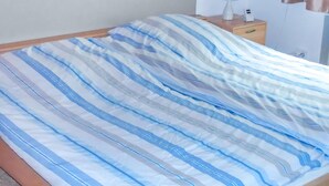 A bed with a striped bedspread, a bedside table with a lamp, and a drawer. - 1 bedroom awesome home in Prümzurlay (Prümzurlay)