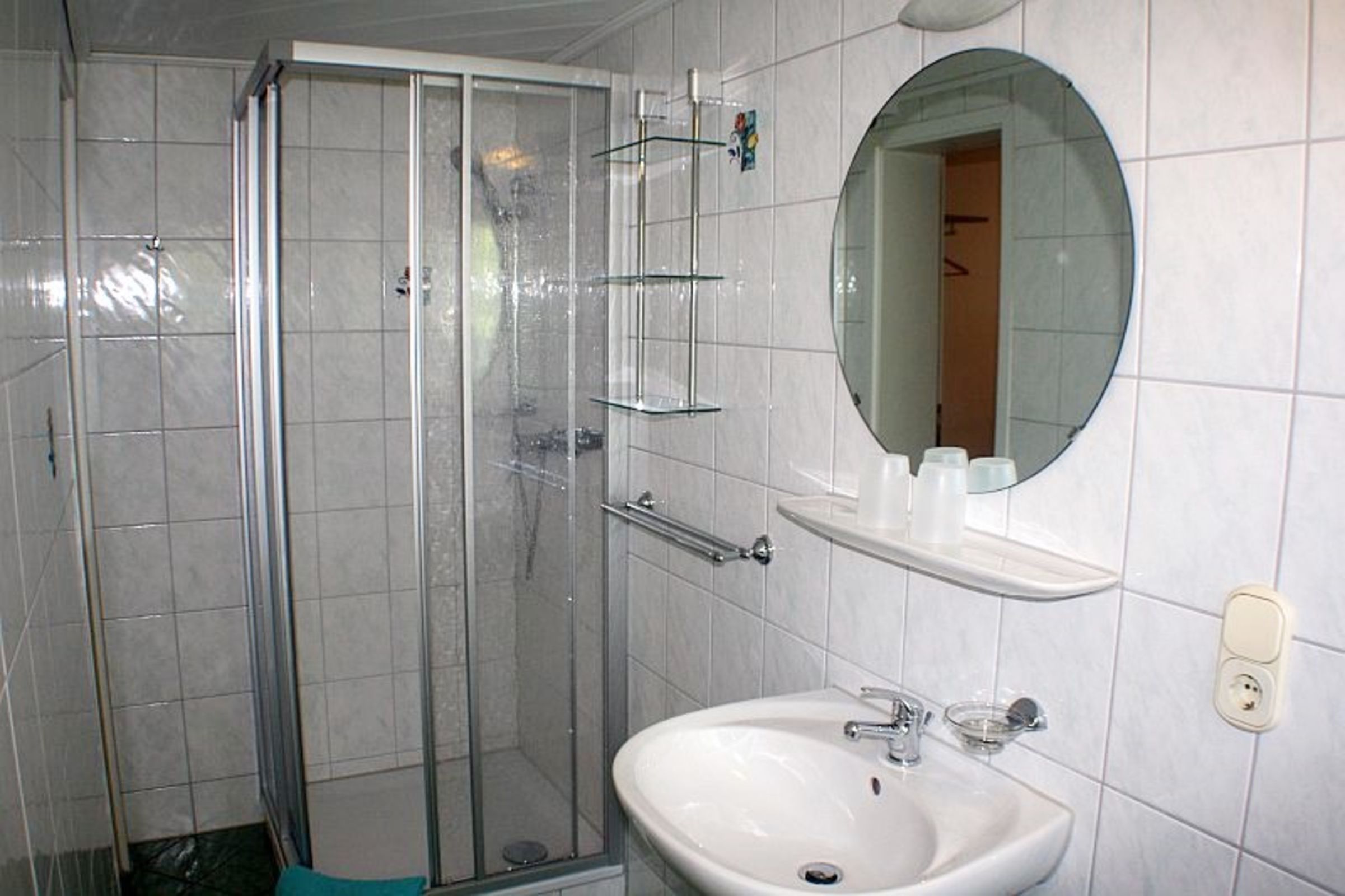 A bathroom with a glass shower enclosure, a white sink, a mirror, and a shelf with toiletries.