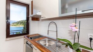 A kitchen with a view of a lake, a stainless steel sink, a wooden countertop, and a potted orchid. - 2 bedroom gorgeous apartment in Blace (Blace)