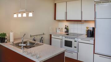 Fridge, stovetop, dishwasher, coffee/tea maker