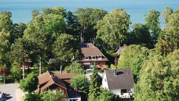 Ett bostadsområde med hus omgivna av täta träd, fri utsikt över havet och en väg där bilar är parkerade.
