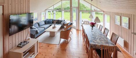 Tv, eldstad, dvd-spelare och ett bordtennisbord