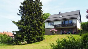 A two-story house with a balcony, a lawn, and a large tree. - Vacation apartment Niewand (Clausthal-Zellerfeld)