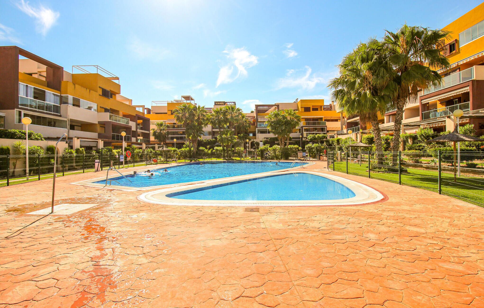 A swimming pool area with two pools, surrounded by a brick walkway and palm trees.