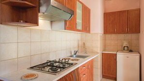 Eine kompakte Küche mit Gasherd, Spüle, Holzschränken und einem kleinen Kühlschrank.