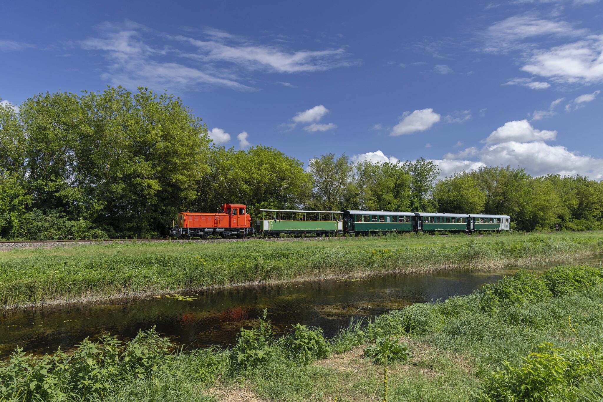 A train traveling through a lush green landscape with a river in the foreground.