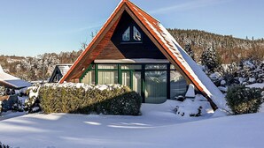 A modern chalet with a steep roof, large windows, and a snow-covered landscape. - Amazing home in Langelsheim with WiFi (Langelsheim)