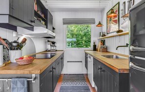 Fridge, stovetop, dishwasher, coffee/tea maker