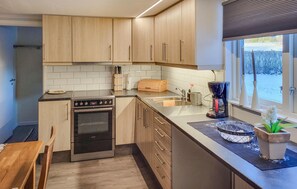 Fridge, stovetop, dishwasher, coffee/tea maker