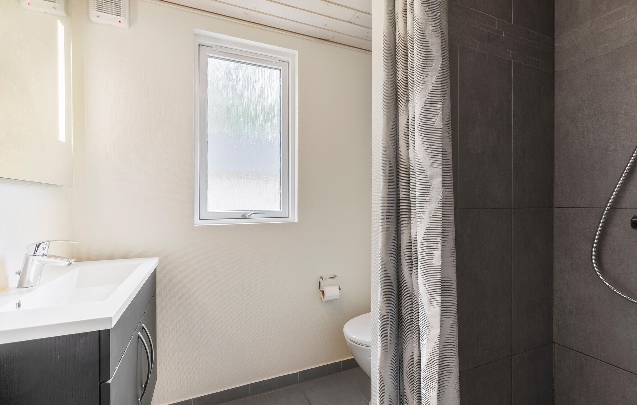 Un bagno con un lavandino bianco, un WC e uno spazio doccia.