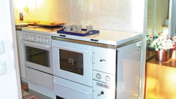 Fridge, stovetop, dishwasher, coffee/tea maker
