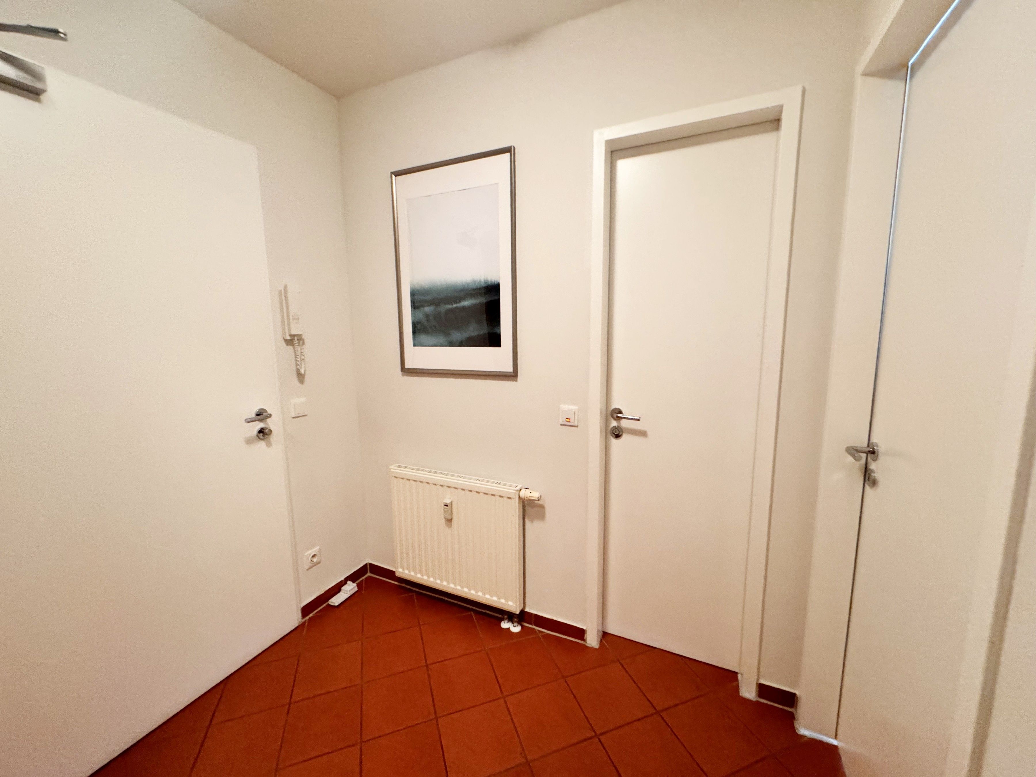Un passadís estret amb dues portes blanques, un radiador i un quadre a la paret.