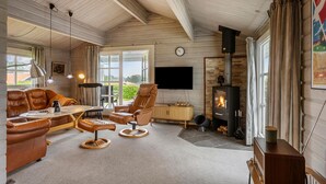 A cozy living room with a fireplace, leather sofas, a TV, and a large window. - 3 bedroom amazing home in Egernsund (Egernsund)