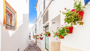 A narrow street with white buildings, red flower boxes, and a patterned tile floor. - Cozy home in Nerja with WiFi (Nerja)