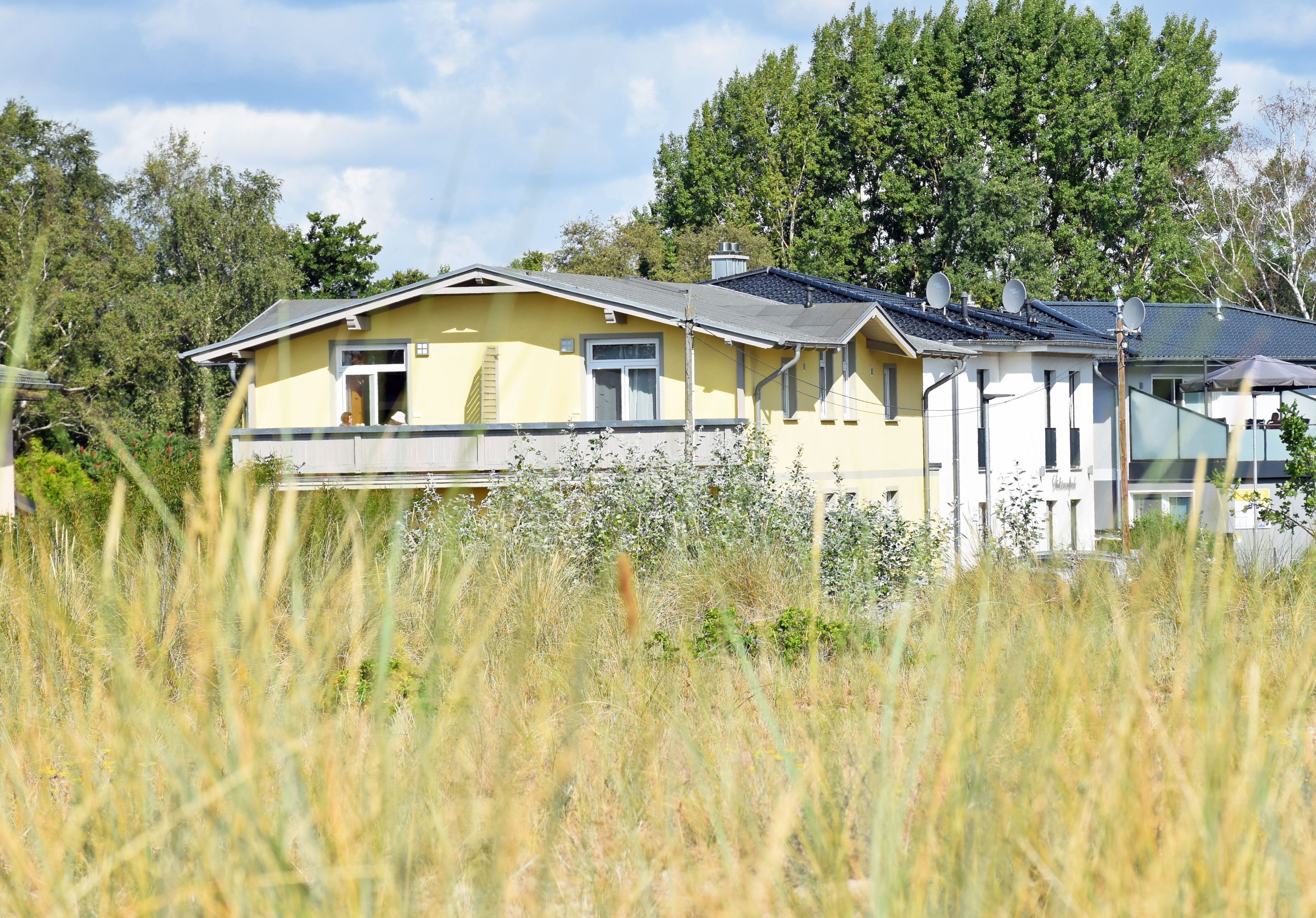 A yellow house with a balcony, surrounded by tall grass and trees.