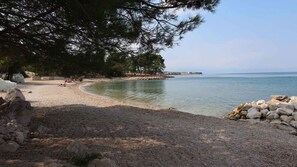 A pebble beach with a rocky shoreline, trees, and a distant view of a town across the water.