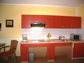 Fridge, microwave, electric kettle, toaster