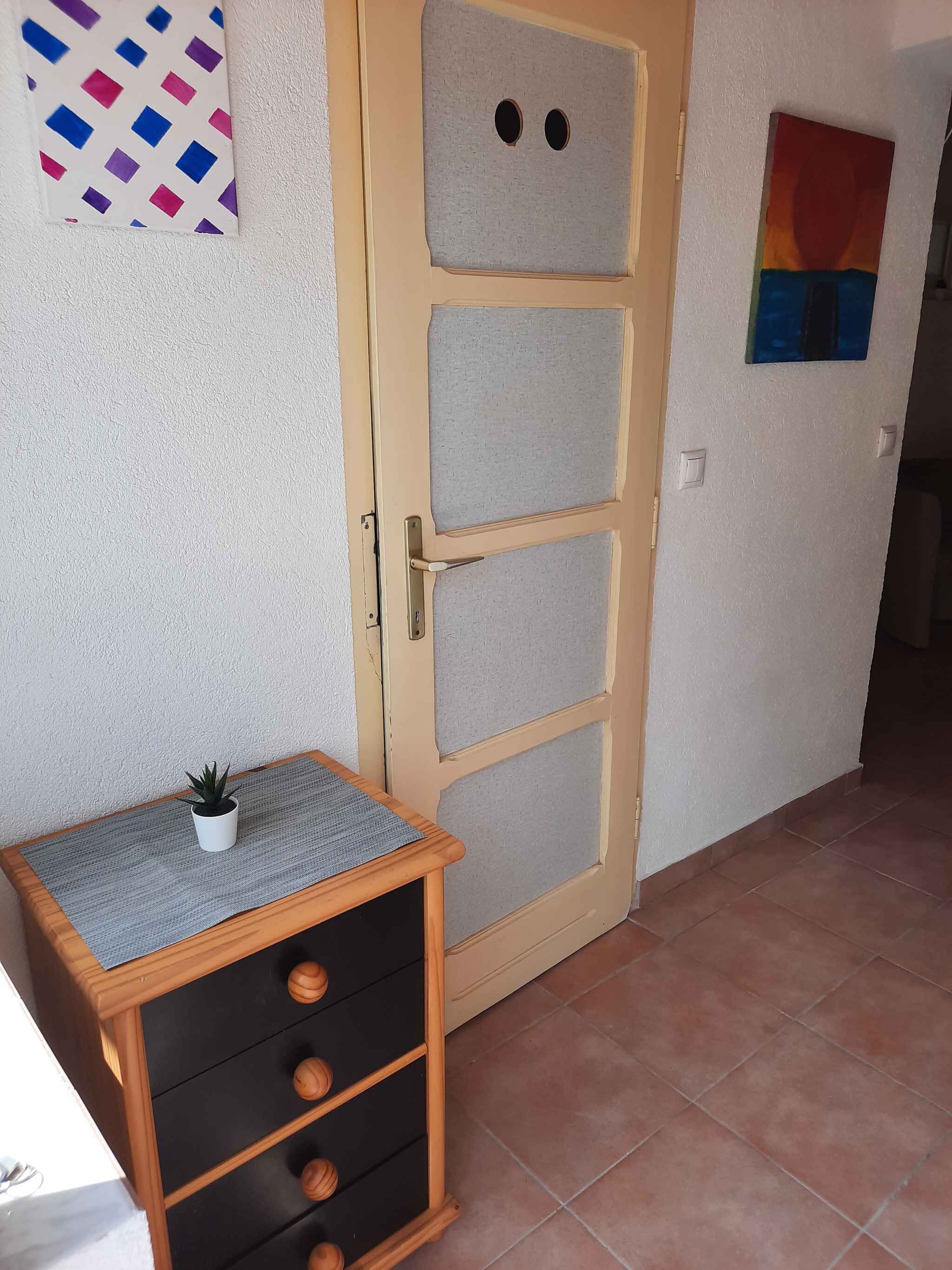 A room with a wooden door with a face design, a small wooden cabinet with drawers, a potted plant, and a wall with a geometric pattern and a painting.
