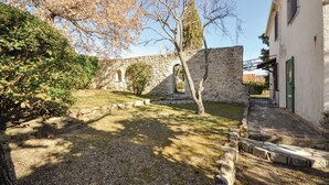 A courtyard with stone walls, a tree, and a building with a green door.
