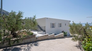 Un bâtiment moderne doté d’un escalier menant à un toit plat, entouré d’oliviers et surplombant un ciel dégagé.