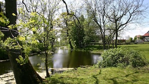 A serene pond surrounded by lush greenery and trees. - 6 - "Up'n Hoff", Germany (Middelhagen)