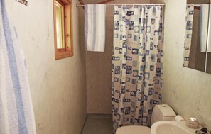 Une petite salle de bain étroite, avec un rideau de douche aux motifs bleus et blancs, une fenêtre à cadre en bois et des toilettes blanches.