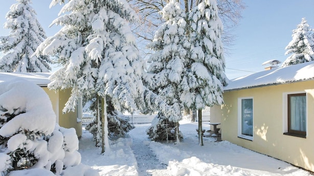Schneebedeckte Landschaft mit einem gelben Gebäude, einem Weg und schneebeschlagenen Bäumen.