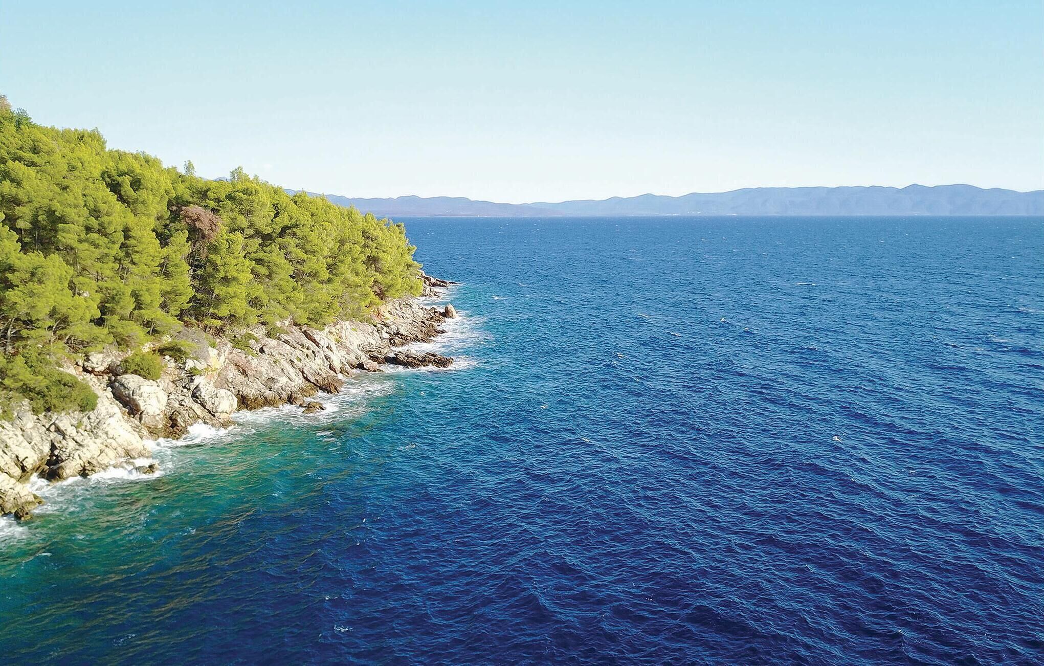 A coastal landscape with a rocky shoreline, dense green vegetation, and a clear blue sea.