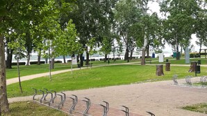 Un parque con un sendero pavimentado, aparcabicicletas metálicos y árboles.