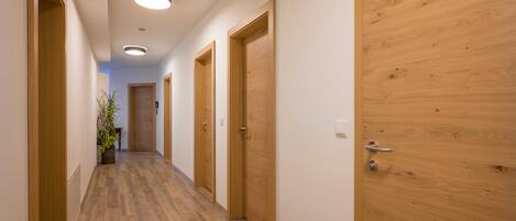 A hallway with wooden doors, a potted plant, and recessed ceiling lighting.
