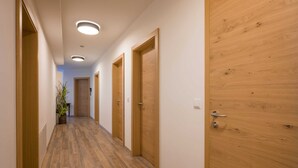 A hallway with wooden doors, a potted plant, and recessed ceiling lighting.