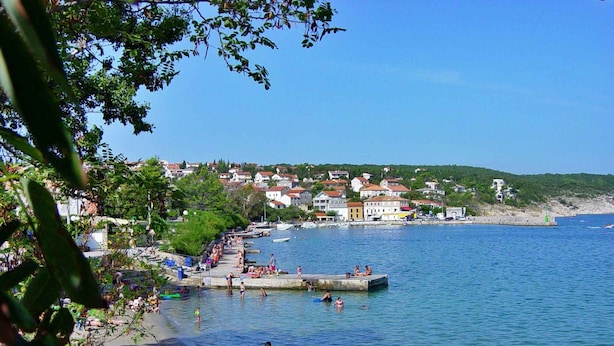 A coastal town with a beach, people swimming and sunbathing, and houses along the shore.