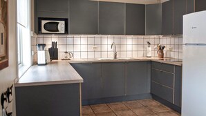 A modern kitchen with grey cabinets, a white countertop, a built-in microwave, a sink, and a Bosch refrigerator. - Pet friendly home in Dølemo with sauna (Dølemo)