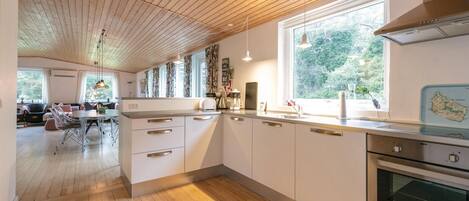 Fridge, stovetop, dishwasher, coffee/tea maker