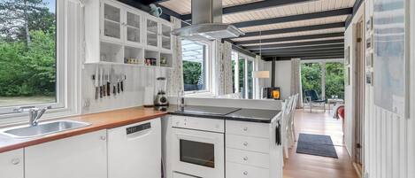 Fridge, stovetop, dishwasher, coffee/tea maker