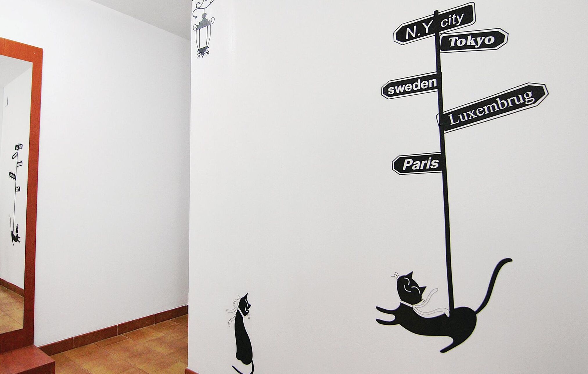 A wall with directional signs pointing to various cities like New York City, Tokyo, Sweden, Luxembourg, and Paris.