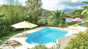 Ein rechteckiger Swimmingpool mit Betonumrandung, umgeben von üppiger Vegetation und einem Bergpanorama.