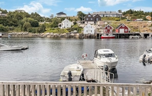 En havn med fortøjede både, en træbrygge og huse i baggrunden.
